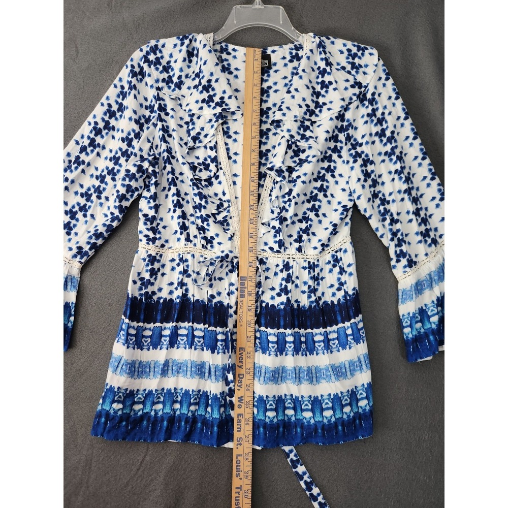NWOT Angie Tie Front Top Womens Sz L White Blue Bohemian Boho Chic Bell Sleeve - Picture 4 of 10